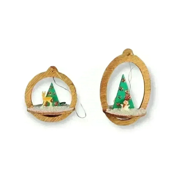 Vintage Wooden Diorama Folk Art Wood Christmas Ornaments (Pair) Bird & Snowman - Picture 2 of 6